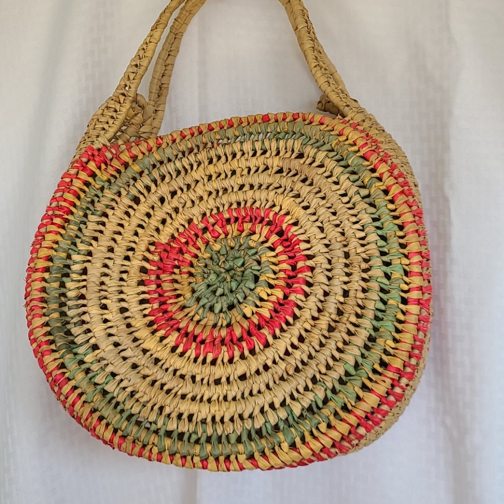 Vintage round straw bag,  tan pink and green
